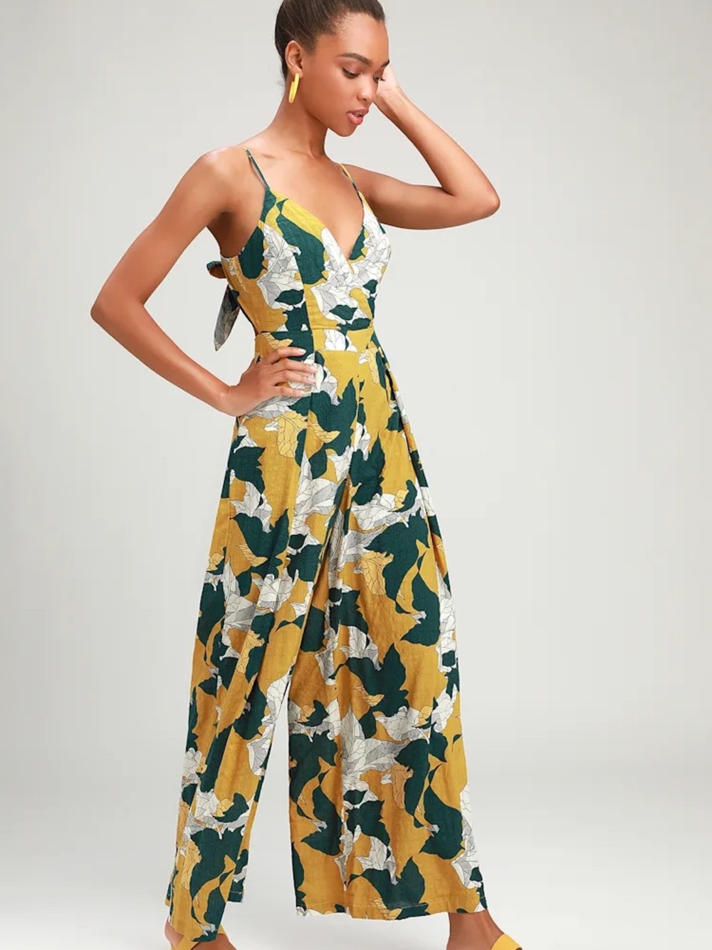 Floral Print Spaghetti-Strap Jumpsuit in Mustard & Green